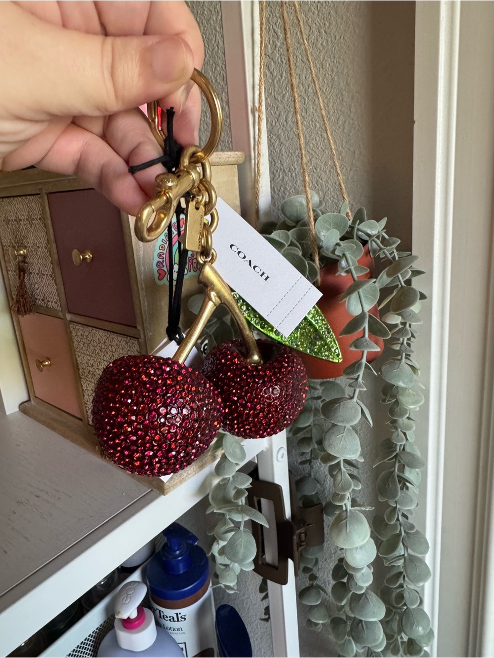 Coach Red Crystal Cherry Keychain Charm